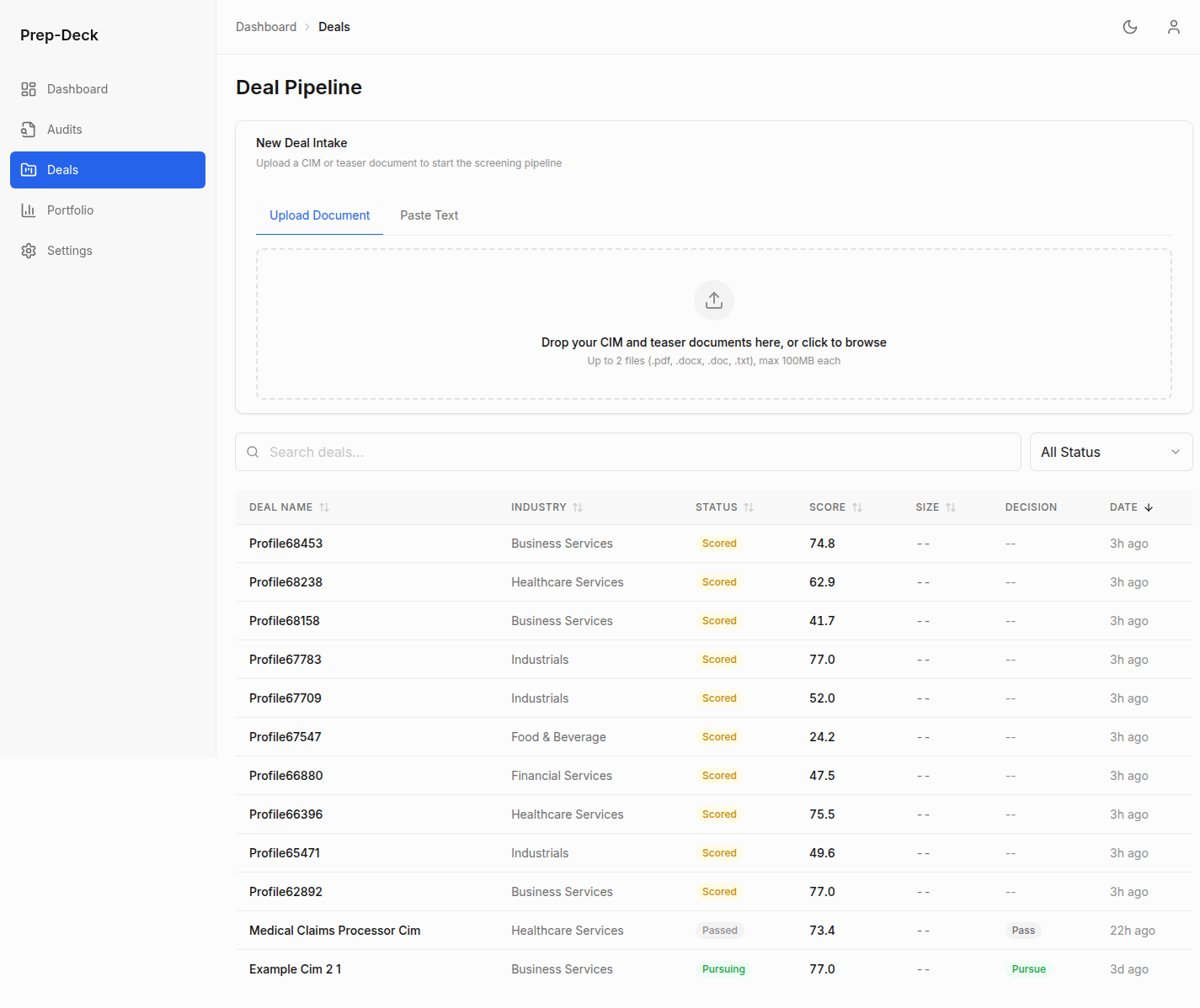 Deal pipeline with scoring, industry classification, and status tracking